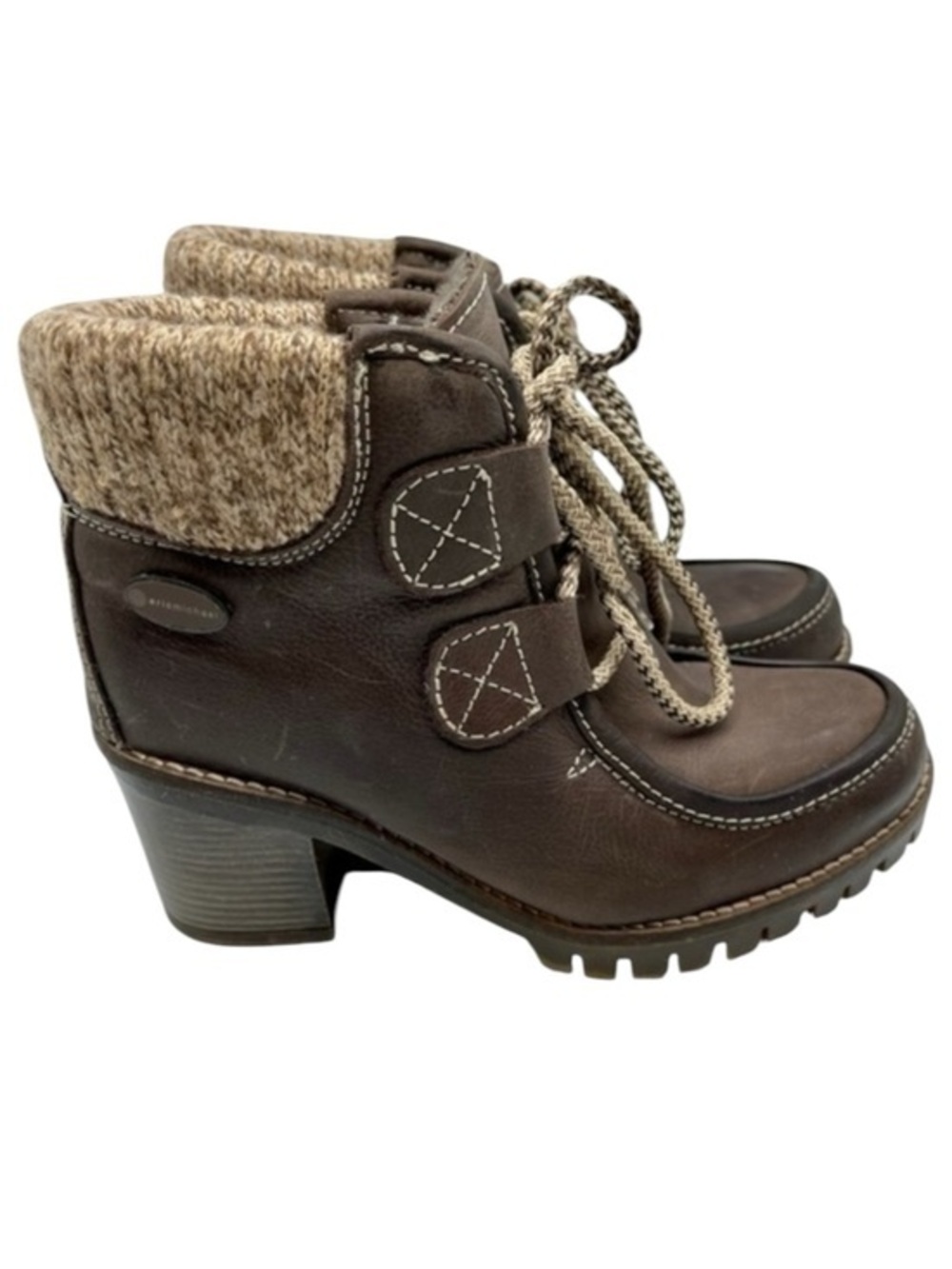 Eric Michael Brown Leather Lace-Up Heel Boots Chunky Sole Wool Trim Size 36